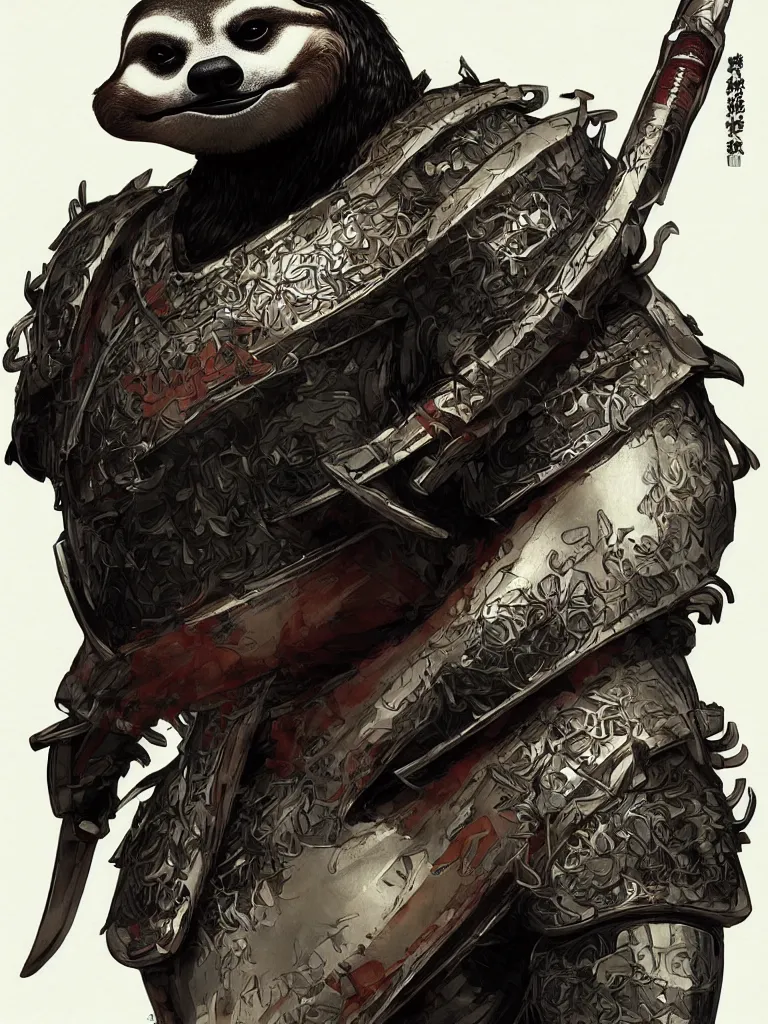 Image similar to graphic, hyperreal illustration of anthropomorphic sloth in traditional samurai armor : : digital art, concept art, character development : : illustrated by artgerm, yoji shinkawa, scott buoncristiano, nychos