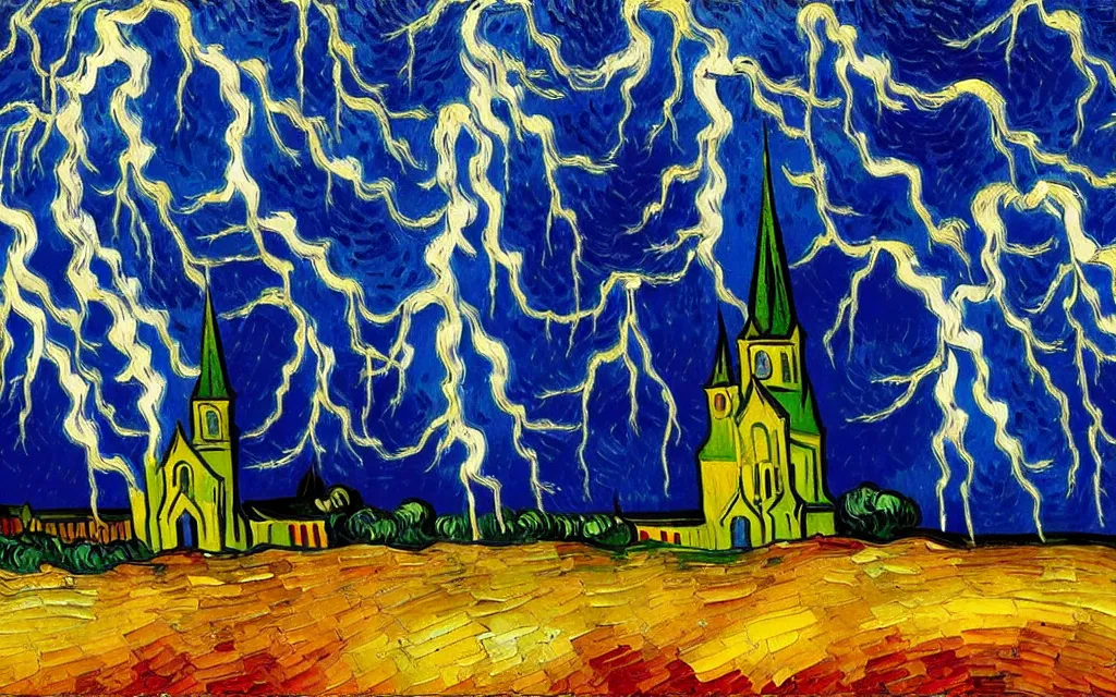 Image similar to expressionist oil painting by van gogh of lightning storm over a tall gothic church, landscape painting, expressionism, 8 k resolution, small brushstrokes, watercolor palette