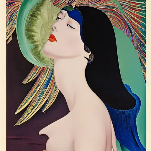 Image similar to a oil painting painting of a portrait of a queen of ecstasy, an art deco painting by Patrick Nagel, by Georgia O Keeffe, by Yoshitaka Amano, by Gustave Moreau, art deco, matte drawing, storybook illustration, tonalism, realism