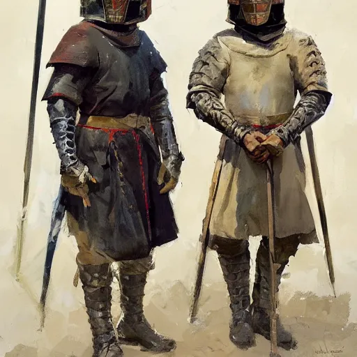 Image similar to portrait of two men wearing gambeson and medieval helmets, raised swords, fighting, detailed by greg manchess, craig mullins, bernie fuchs, walter everett