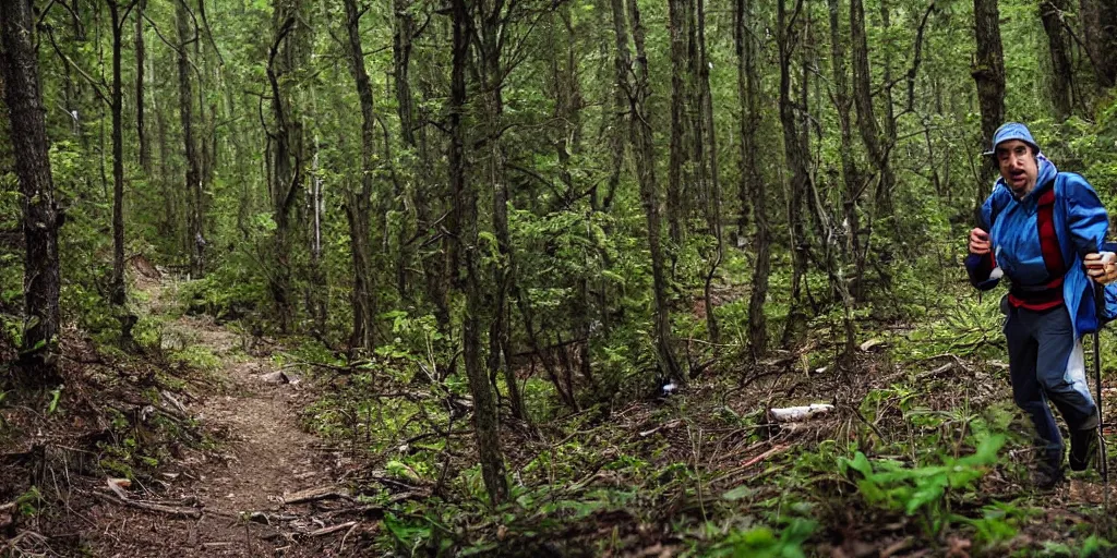 Image similar to a guy hiking up a steep hill with vodka and a cigarette in his hands, photo taken in a forest, guy looks extremely exhausted