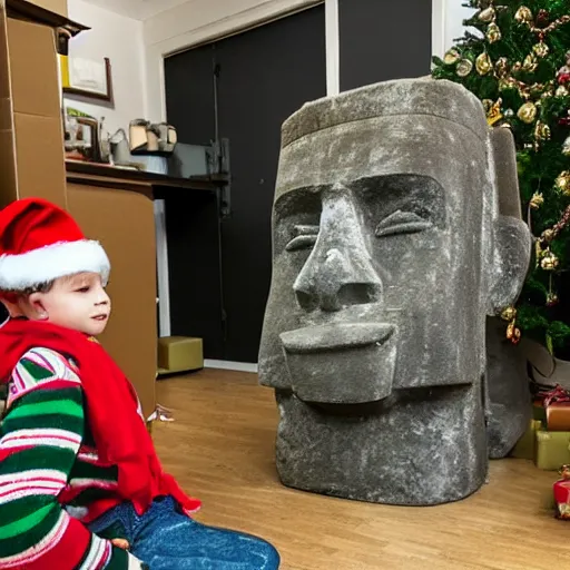 Prompt: a kid at christmas disappointed that his present was a giant moai statue