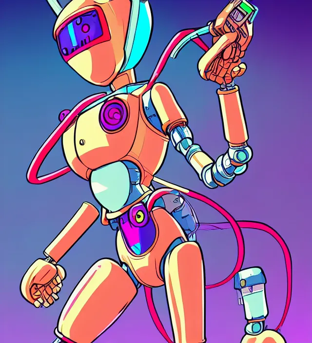 Image similar to retrowave robot rabbit girl protagonist, animation character design by akira toriyama, don bluth, jack kirby, alex toth, hasbro, action - adventure, sharp detail, artstation trending, conceptart. com