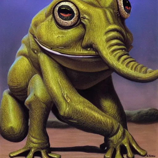 Image similar to frog - elephant creature, oil painting by kentaro miura