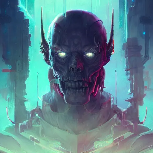 Prompt: a portrait of a demonic cybernetic duke of hell, cyberpunk concept art by pete mohrbacher and seb mckinnon and beksinski and josan gonzales, digital art, highly detailed, intricate, sci-fi, sharp focus, Trending on Artstation HQ, deviantart, unreal engine 5, 4K UHD image