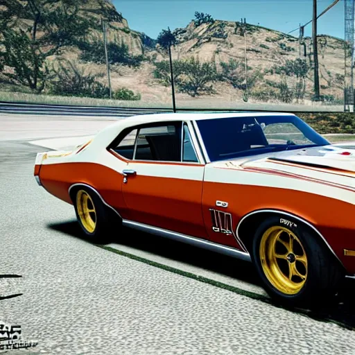 Prompt: 1968' GTO with zebra paint golden spokes on the wheels in gran turismo, unreal engine, GTA V, 8k,