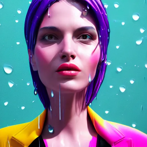 Image similar to stylish woman cartoon portrait made out of rain, pinstripe suit, short purple hair, galactic background, rendered in octane, unreal engine, highly detailed, trending on artstation, realistic, neon, beautiful