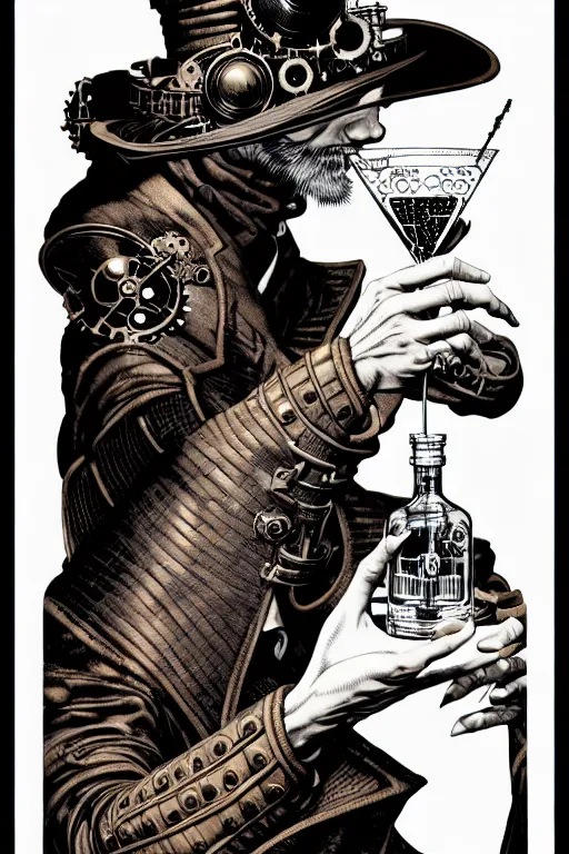 Image similar to side view of a majestic steampunk alchemist wizard holding a martini, high details, bold line art, by vincent di fate and joe fenton, inking, etching, screen print, masterpiece, trending on artstation, sharp, high contrast, hyper - detailed,, hd, 4 k, 8 k