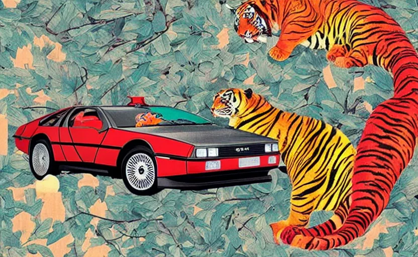 Image similar to a red delorean with a yellow tiger, art by hsiao - ron cheng and utagawa kunisada in a magazine collage, # de 9 5 f 0