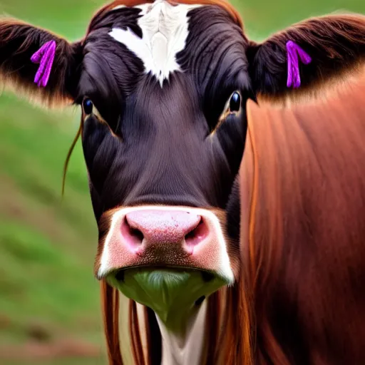 Prompt: real life photo of a beautiful Guernsey Cow, full body photoshoot, long braided curly brown hair, twisted braids, brown watery eyes, full round face, short smile, short horns, serene field setting, cinematic lightning, medium shot, mid-shot, highly detailed, trending on artstation, Unreal Engine 4k, 80mm, 85mm, cinematic wallpaper