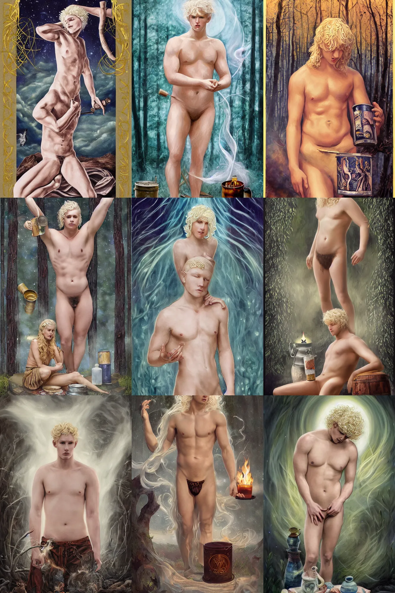 Prompt: ethereal dramatic tarot card painting of a shirtless handsome pale blond prince with a chunky beefy build and belly | porcelain milky white skin | luscious long curly platinum blond hair | sitting | background is a serene campfire | tin cans and jugs of whisky | tarot card, art deco, art nouveau | by Mark Maggiori | trending on artstation