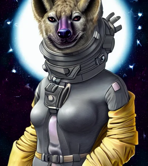 Image similar to full body digital artwork of anthromorphic female hyena, fursona, furry, furaffinity, deviantart, wearing space outfit, floating in space