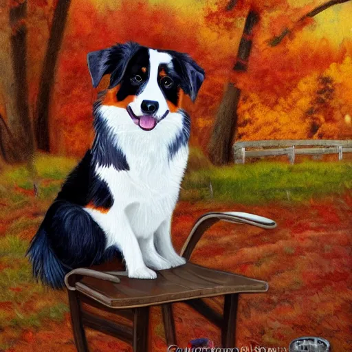 Image similar to Australian Shepard sitting on a rocking chair playing the banjo in the colorado mountains in fall with changing leaves all around ,artstation