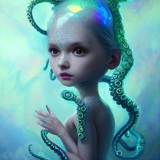 Image similar to A full shot of a cute magical monster Cryptid wearing a dress made of opals and tentacles. Chibi. Subsurface Scattering. Translucent Skin. Caustics. Prismatic light. defined facial features, symmetrical facial features. Opalescent surface. Soft Lighting. beautiful lighting. By Giger and Ruan Jia and Artgerm and WLOP and William-Adolphe Bouguereau and Loish and Lisa Frank. Sailor Moon. trending on artstation, featured on pixiv, award winning, sharp, details, intricate details, realistic, Hyper-detailed, HD, HDR, 4K, 8K.