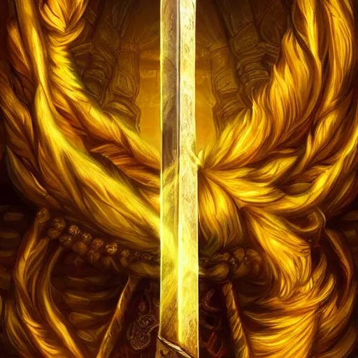 Image similar to an artwork of a giant golden sword, a broad blade sword weapon, epic fantasy style, fantasy epic digital art