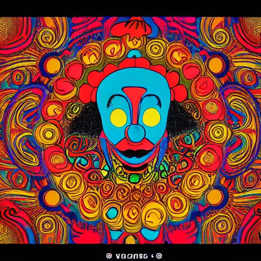 Image similar to Fillmore concert poster for The Bozone April 20, 1969 by Victor Moscoso and S. Clay Wilson, Cryengine, HD render, 3d, psychedelic, intricate paisley filigree Bozo the clown. red clown nose, mandala, day-glo colors, flowing lettering