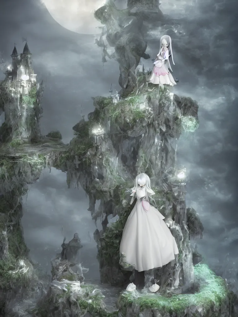 Image similar to cute fumo plush of a princess girl in a tower on a tiny island which she lays sole claim to, selfish empress of the abyss, tempestuous waters, wisps of volumetric smoke and fog, gothic wraith maiden in tattered white dress, floating island, vignette, vray