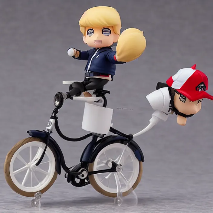 Prompt: donald trump, an anime nendoroid of donald trump riding a bike, figurine, detailed product photo