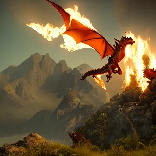 Image similar to dragons, realistic, fire spitting, mountains, landscape, unreal engine, hyper realistic, octane render, unreal engine
