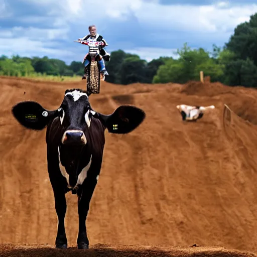 Prompt: a cow, standing on a motocross jump