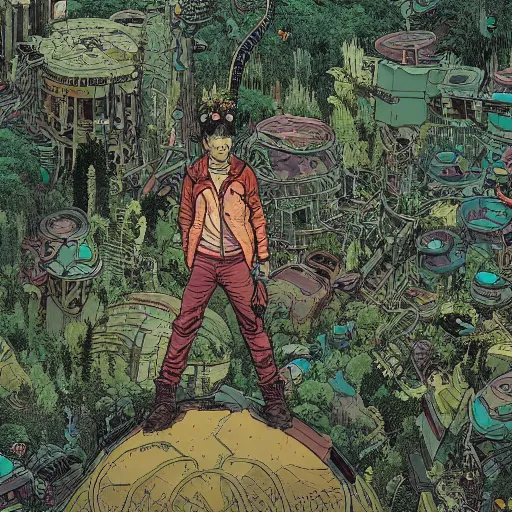 Prompt: hyper detailed comic illustration of a young male explorer wearing a cyberpunk headpiece sitting by a ruin in a dense and lush forest, by Josan Gonzalez and Geof Darrow, aerial view, highly detailed, 8k wallpaper