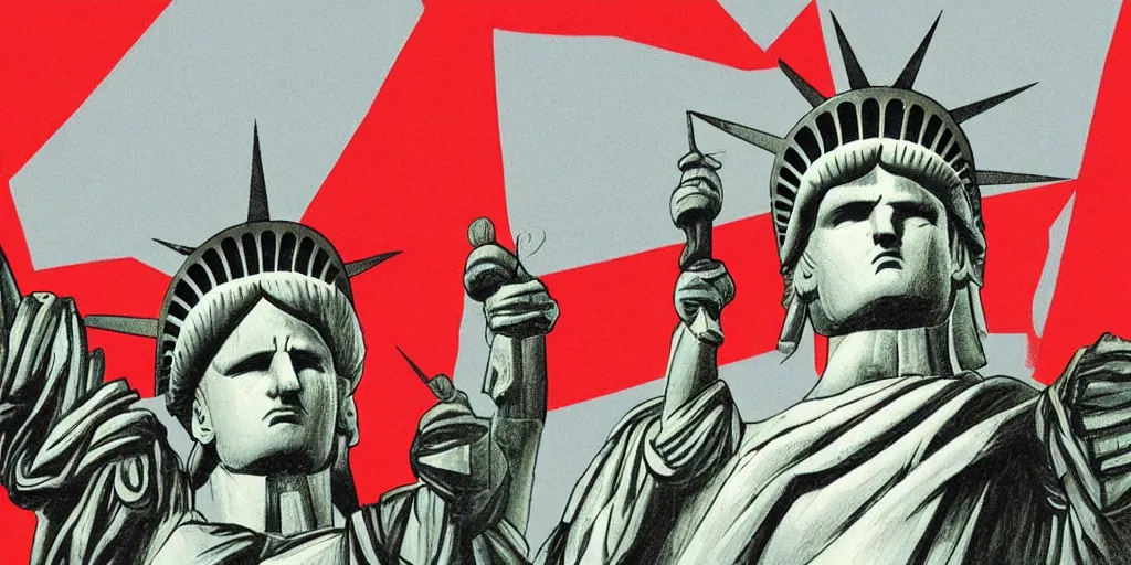 Image similar to new york city soviet version, statue of liberty with hammer and sickle