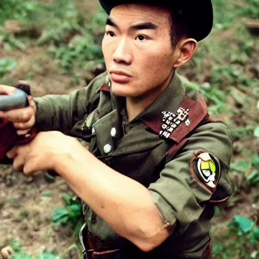 Image similar to super mario as a north vietnamese man, war hero in a trench, violent, sharp focus, hyper realistic, sony 5 0 mm lens