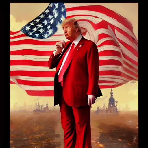 Prompt: donald trump in a red suit, digital art, floating yellow stars, communist, heroic, art by alphonse mucha, wlop, greg rutkowski, 4 k, extremely detailed, cinematic lighting, trending on artstation