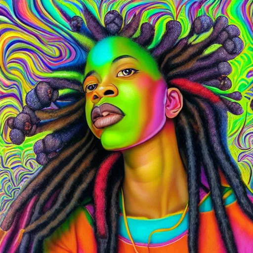 Image similar to a wide angle shot of a black girl with colorful dreadlocks in a field of candy, by Adi granov and afarin sajedi and amanda sage and evgeni gordiets and Agostino Arrivabene and adonna khare in a psychedelic portrait style, ultrarealistic matte painting, volumetric lighting, fractal, extremely symmetrical, highly detailed face, orisha, 8k, hd