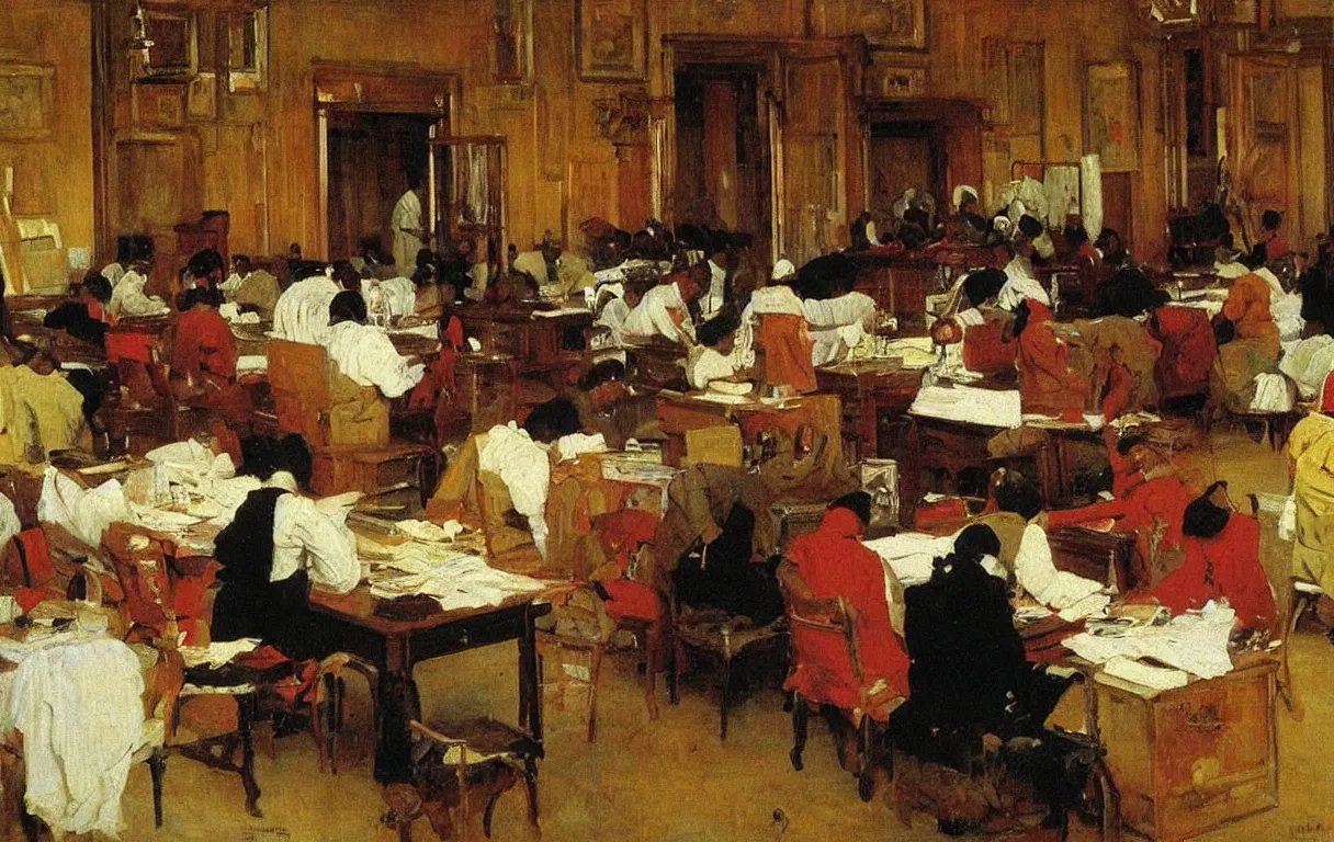 Prompt: colonial clerks working in busy office in lagos, 1905, highly colourful oil on canvas, by Ilya Repin