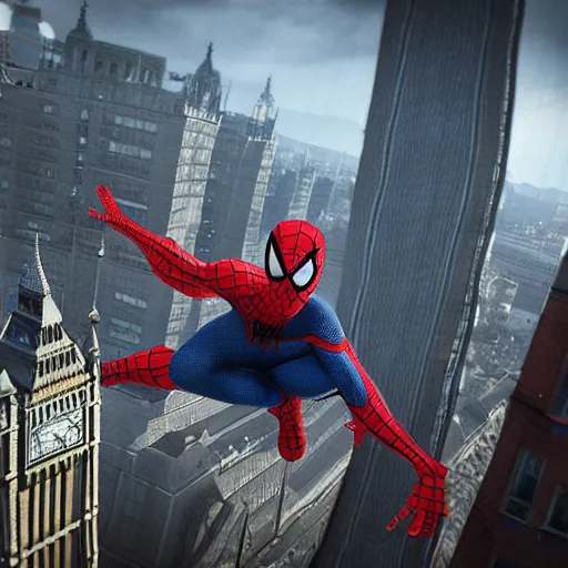 Image similar to spiderman in london, 8 k, cryengine