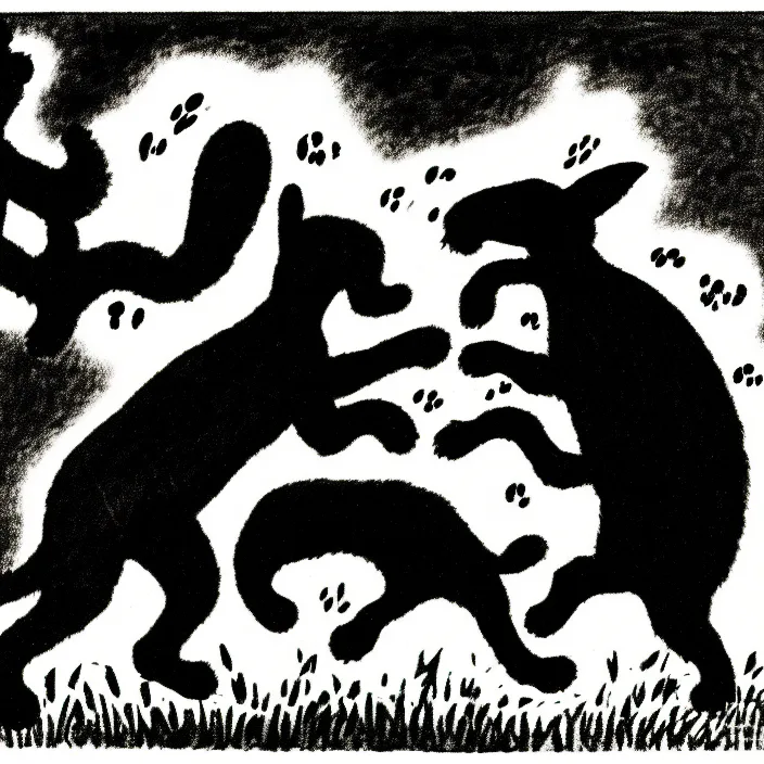 Prompt: a still frame from comic strip, black fluffy leopard dancing with rabbit in a field 1 9 5 0, silhouette, herluf bidstrup, new yorker illustration, monochrome contrast bw, lineart, manga, tadanori yokoo, simplified,