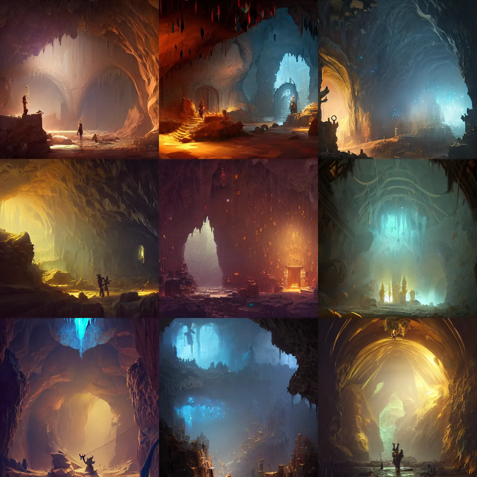 Prompt: bank with gold archways in a cave, crystals hanging from ceiling illuminating the scene, no sunlight, treasure on walls, by peter mohrbacher dan mumford craig mullins nekro, cgsociety, pixiv, volumetric light, 3 d render