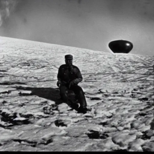 Image similar to photo of an ss officer with a frozen crashed ufo on the alps, 1935, high definition