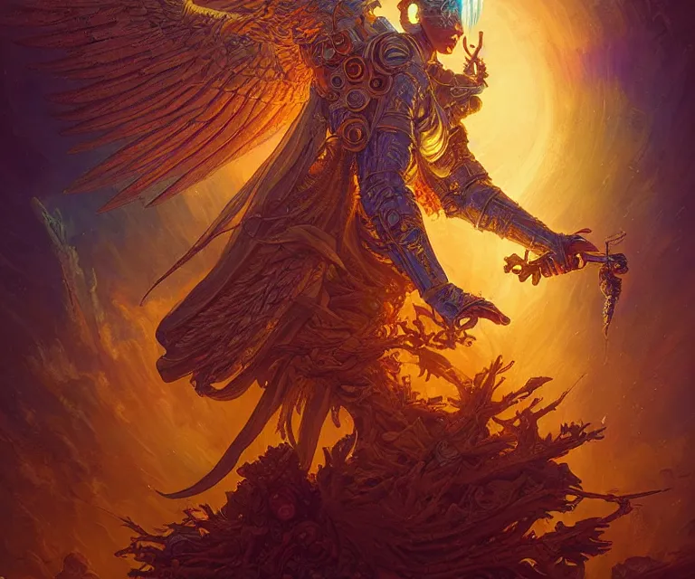 Image similar to a beautiful tarot card artwork of a cyberpunk seraphim in nature, backlit, highly detailed, golden hour, digital painting, by justin gerard and greg rutkowski and dan mumford and artgerm, vivid colors, masterpiece, detailed shading, 8 k resolution, intricate, smooth