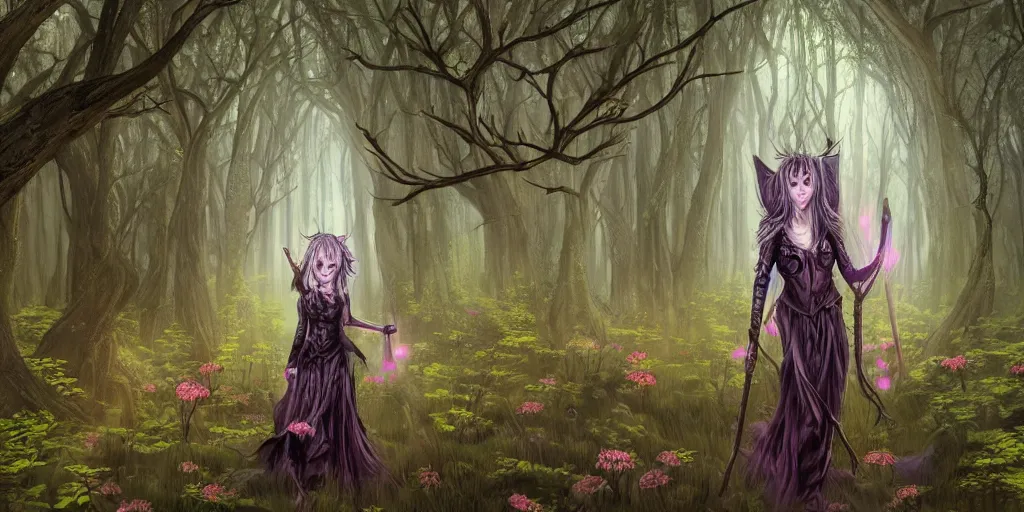 Prompt: a gothic elf woman of old walking through an open field with her staff in a beautiful forest of ancient neurons with yellow and pink glowing synapses running through the forest, light creeps through the dense green jungle, huge incredibly immense trees, highly detailed, hyperrealism, trending on art station, ancient forest like fanal forest or fangorn forest, misty forest, realistic painting, sharp image, hyper realistic art, cinematic, art by konstantin razumov, chiaroscuro