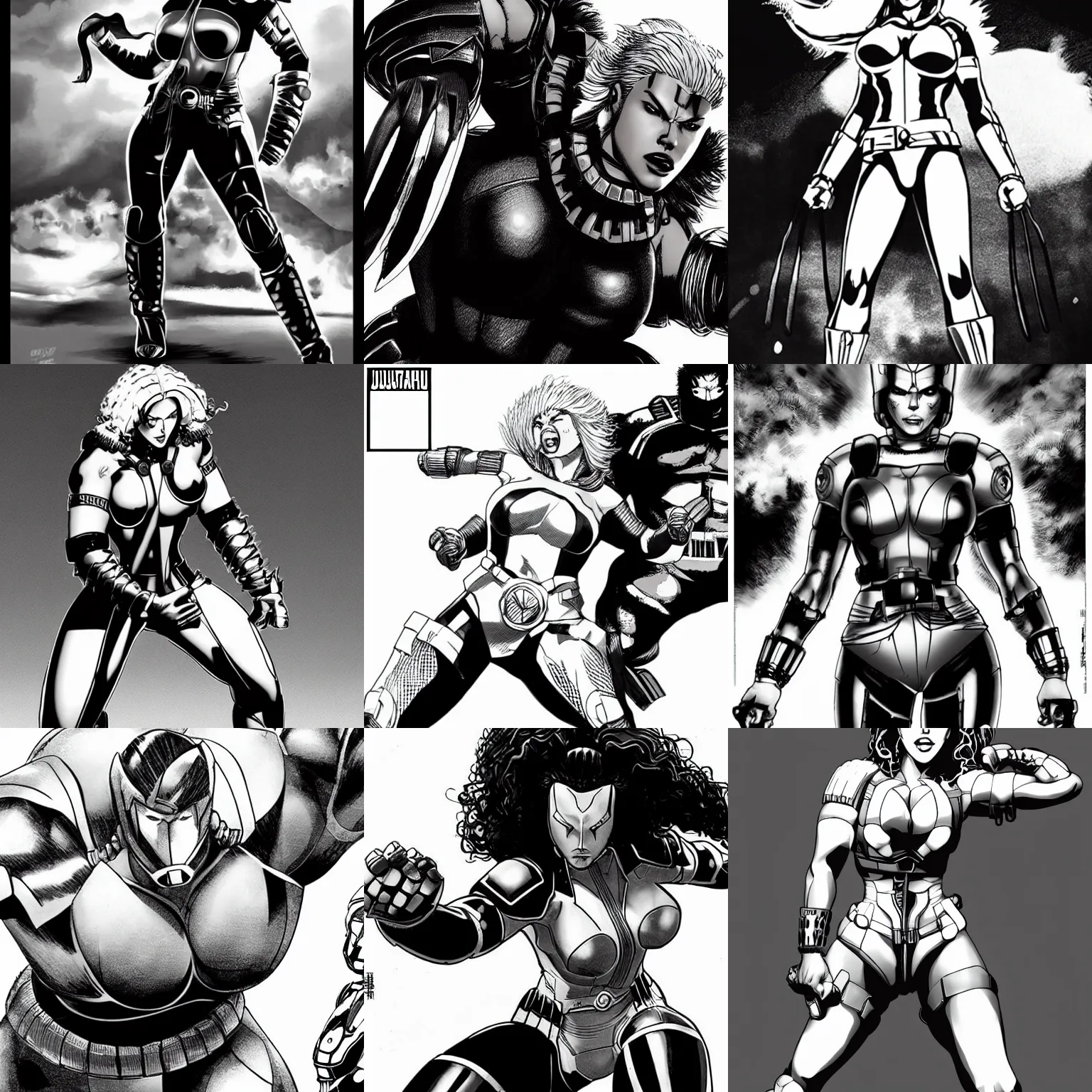 Prompt: scarlett johansson as juggernaut from x - men, full body action pose scene, black and white, afro samurai manga style