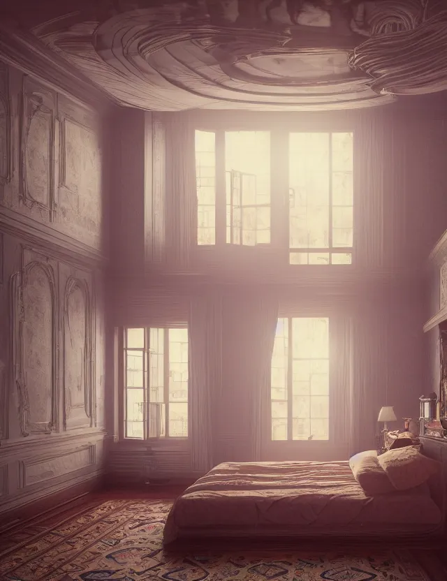 Prompt: an ultra wide angle photo of a bed hovering above the floor in the middle of a giant victorian bedroom with windows opening to other worlds by casey weldon and lee madgewick, photorealistic, octane render, recursive, flowing, cascading, multiverse, labyrinthine