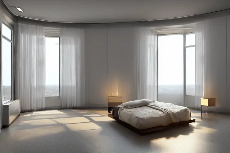 Image similar to a futuristic furnished bedroom with a large window at sunset, godrays, luxury furniture , white bed, complementary colors, warm lighting, path traced, highly detailed, high quality, concept art, 8k, calm, trending on Artstation, full of furniture