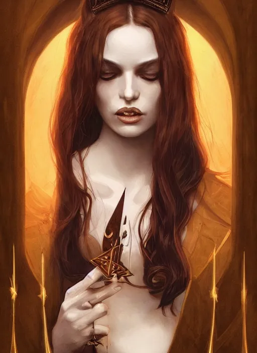 Image similar to tarot!!, high priestess, no noise, elegant, concept art, sharp focus, beautiful face!!, digital art, smooth defined outlines!!, human anatomy, human structure, vector background, dark fantasy, by Brom, trending on Artstation, Tom Bagshaw, Sargent