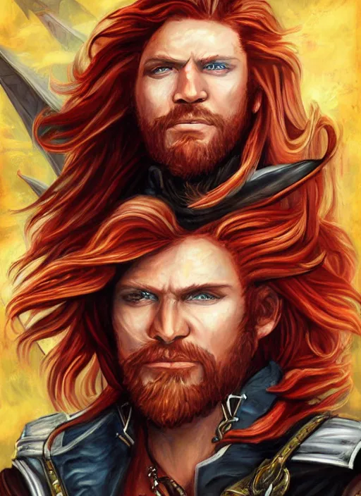 Prompt: epic fantasy portrait painting of a long haired, red headed male sky - pirate in front of an airship in the style of the a marvel avengers movie