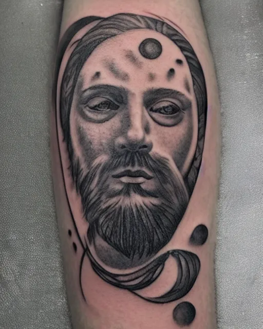 Image similar to renaissance head with planets tattoo design, hyper - realistic, in the style of tony santos