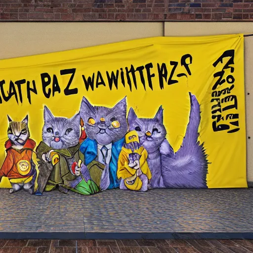 Prompt: a meeting of cat wizards dressed in yellow raincoats. A banner that reads Wiz Biz only, Fools adorns the back wall. Hypermaximalistic, hyper detailed 4k resolution photo realistic
