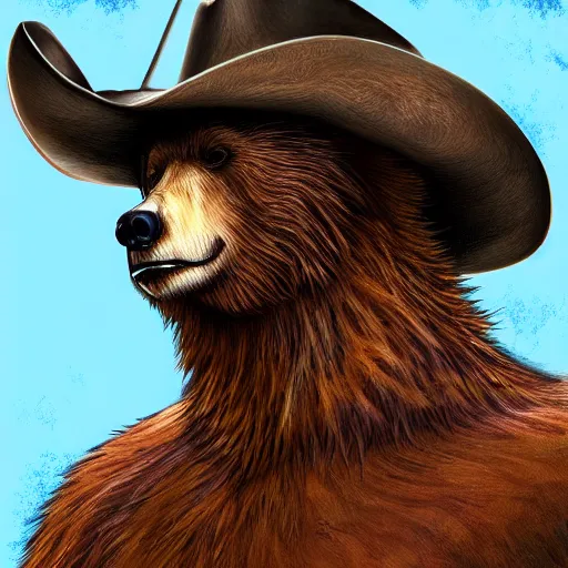 Image similar to portrait of bear beast-man wearing a cowboy hat, digital art, concept art, highly detailed, sharp focus