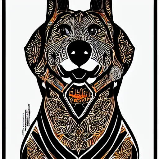 Prompt: <https://s.mj.run/xnm80wAjy-Q> Graphic art of a canine, orange black and whites, geometric style, highly stylized, trending on artstation, shepard fairey