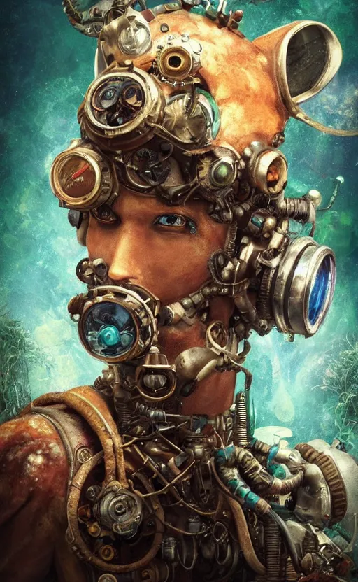 Prompt: underwater steampunk biopunk portrait of fox mccloud from start fox ( 1 9 9 3 ), hyper detailed, digital art, trending in artstation, cinematic lighting, studio quality, smooth render, unreal engine 5 rendered, octane rendered, art style by klimt and nixeu and ian sprigger and wlop and krenz cushart.