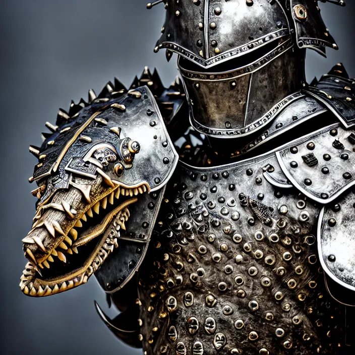 Prompt: photo of a warrior with metal crocodile themed armour, highly detailed, 4 k, hdr, smooth, sharp focus, high resolution, award - winning photo