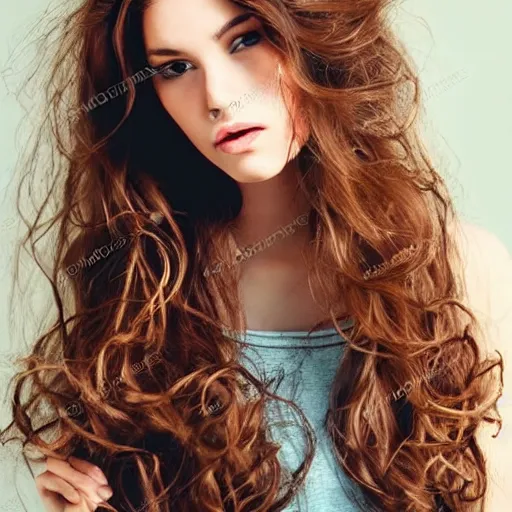 Image similar to add long wavy hair to photo, very pretty model, heart shaped face