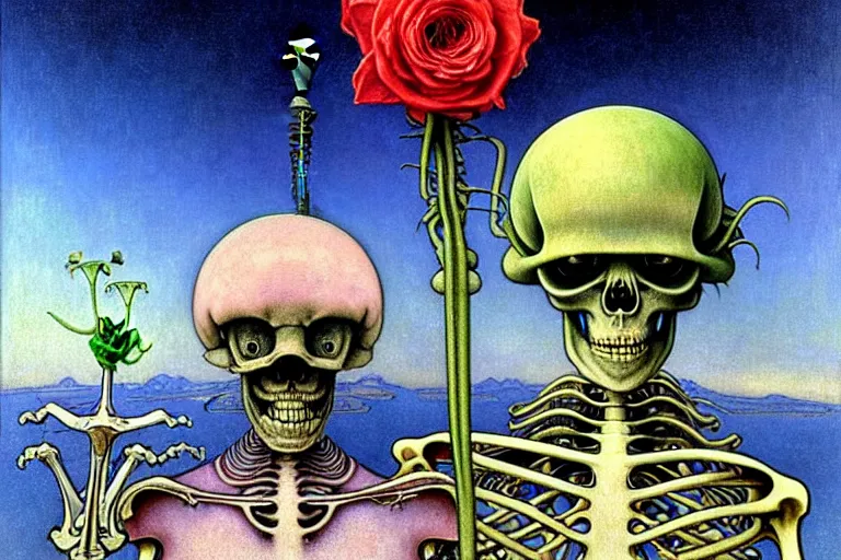 Image similar to realistic detailed portrait painting of an alien and a skeleton with a single rose wearing sci-fi helmet in a dystopian landscape by Jean Delville, Amano, Yves Tanguy, Alphonse Mucha, Ernst Haeckel, Edward Robert Hughes, Roger Dean, rich moody colours, blue eyes