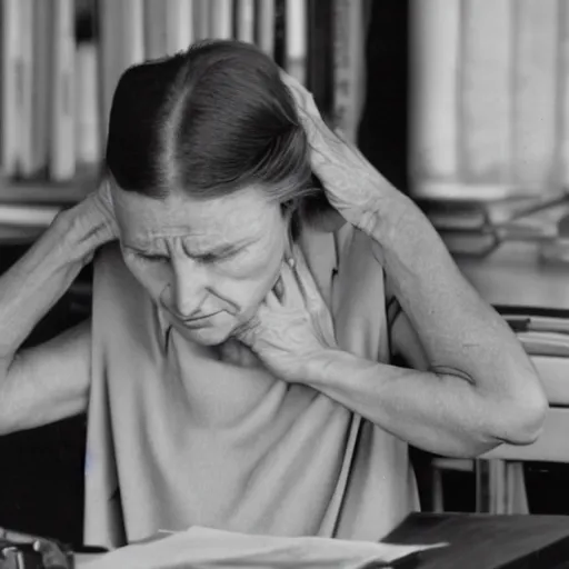 Prompt: lady sits at the desk with her arms around her head and cries, color photo by Imogen Cunningham and Eliot Porter